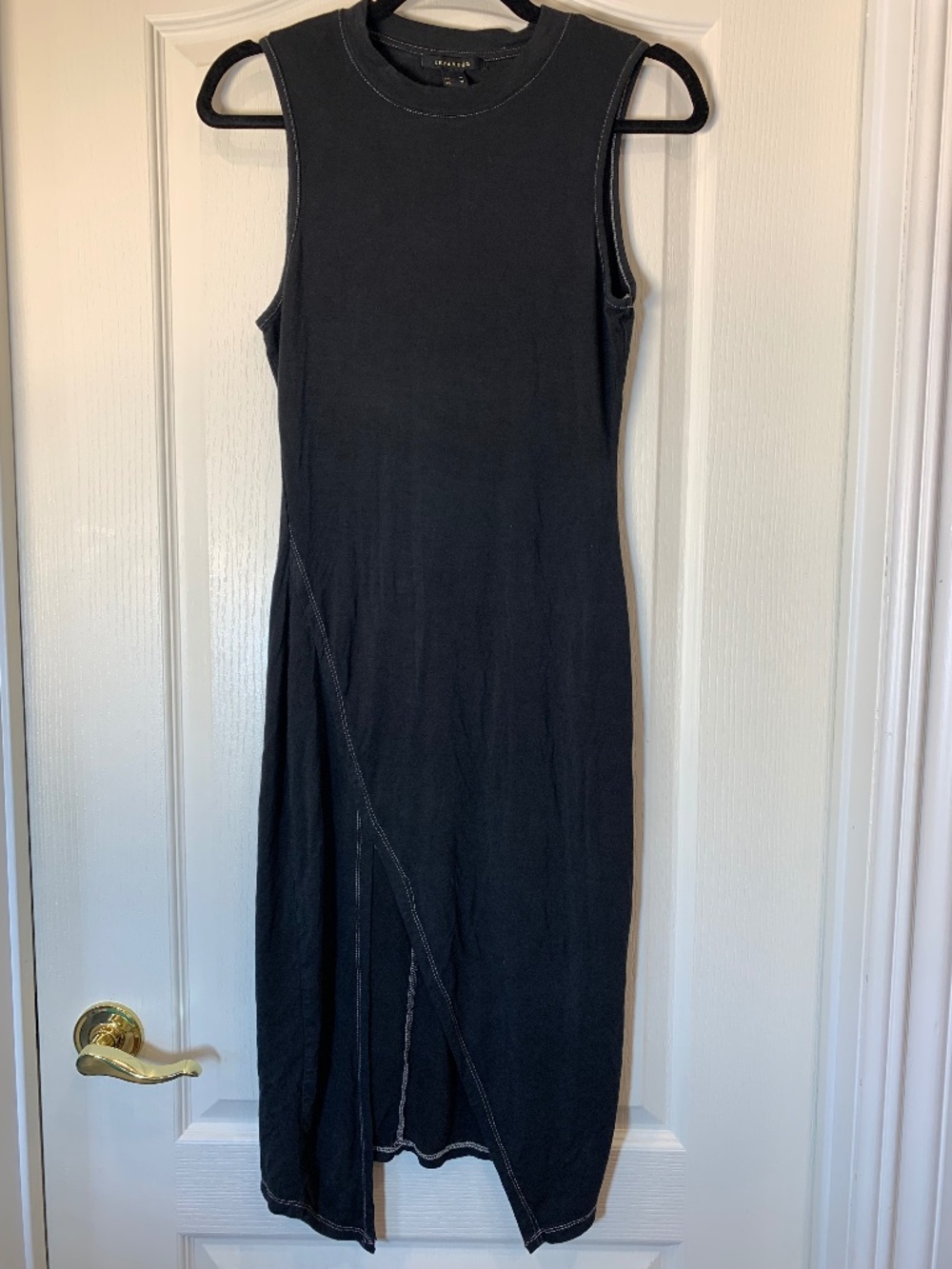 Revamped Black Sleeveless Midi Dress Asymmetrical Hem Stretchy Minimalist Size M